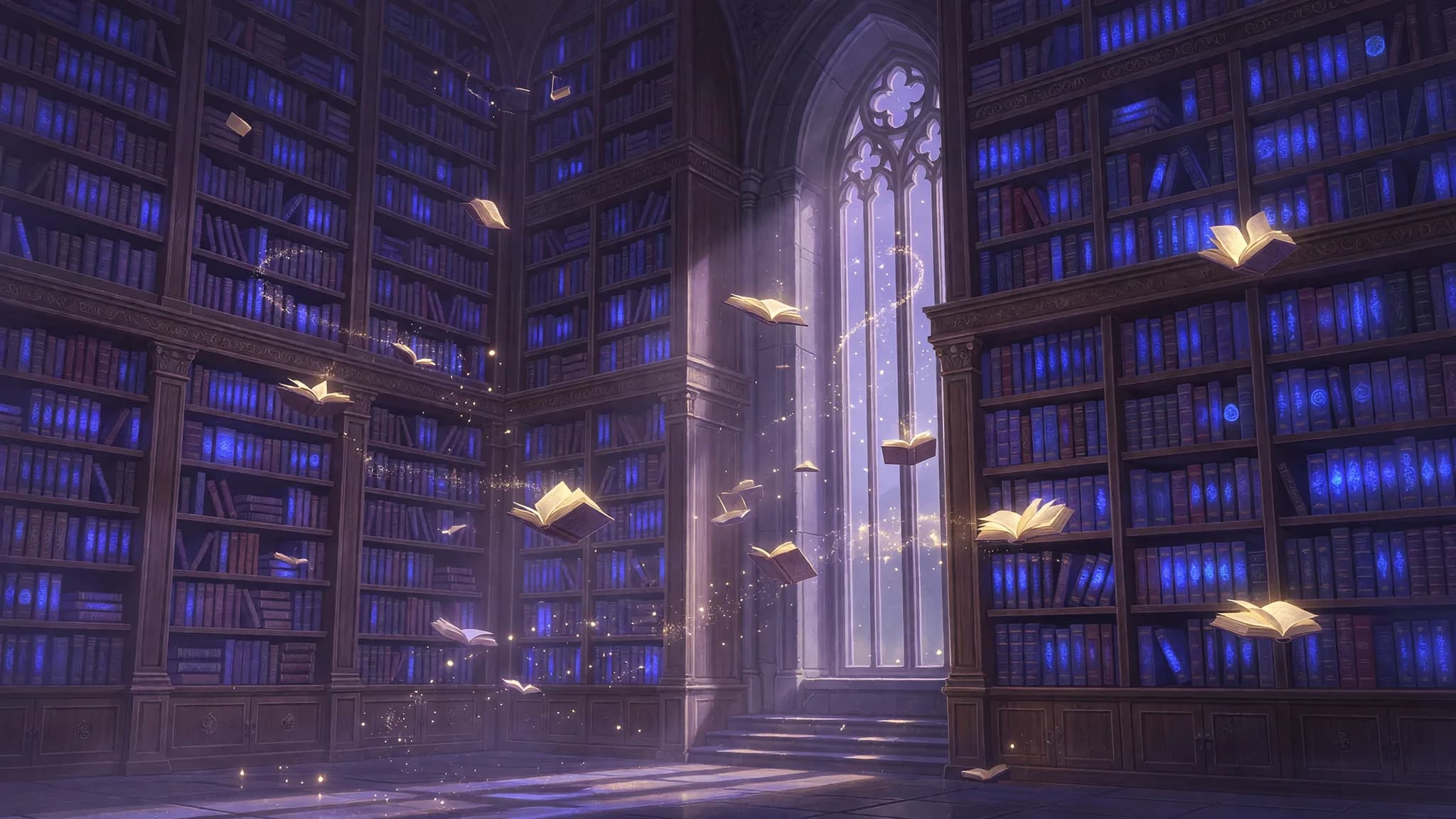 Charri illustration: a library of chronicles with floating books